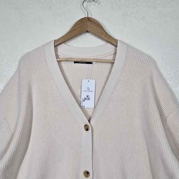 Lillusory Cardigan Sweater sz M Beige Sand Chunky Knit Long Sleeve Preppy - Picture 2 of 12